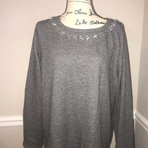 Crown & Ivy gray round neck rhinestone sweater